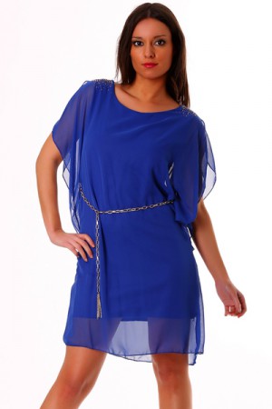 Robe tendance sublime en Royal pas chère. Robe voile, chaînette dorée, strass aux épaules    25€