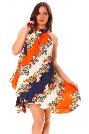 Robe d'été plissée en Marine et Orange avec imprimé fleur.   26€